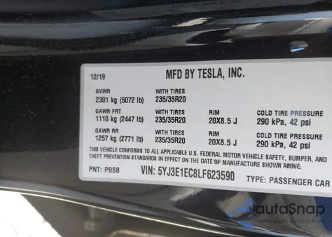 2020 Tesla Model 3 Performance Dual Motor All-Wheel Drive из США, поврежденный, VIN 5YJ3E1EC8LF623590